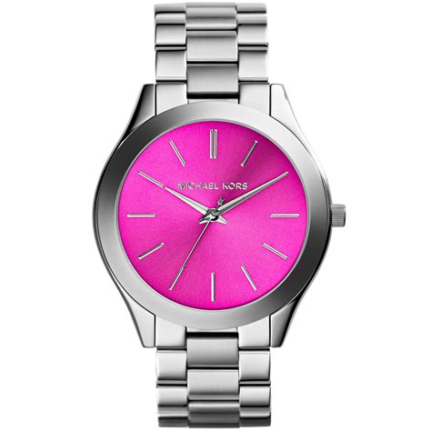 michael kors slim runway watch silver with pink face|Michael Kors black dial watch.